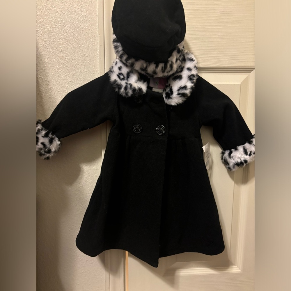 Black and White Pea Coat with Faux Fur Trim